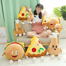 Load image into Gallery viewer, pizza plushie, burger plushie, chicken thigh plushie, and pizza plushie
