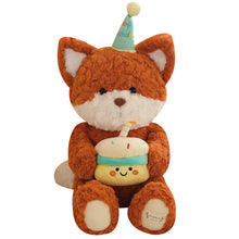 Load image into Gallery viewer, Plush toy fox with a birthday cake and candle on a white background