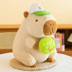 Charming white capybara plushie all ready for a tennis session