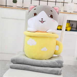 cute yellow cats in cups plushie with blanket