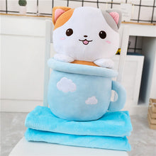 Load image into Gallery viewer, cute blue cats in cups plushie with blanket