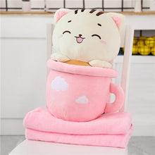 Load image into Gallery viewer, cute pink cats in cups plushie with blanket