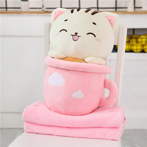 cute pink cats in cups plushie with blanket