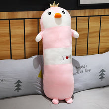 Load image into Gallery viewer, Cute pink penguin plushie bolster with a crown on its head. 