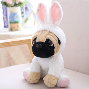 cute pug dog in rabbit plushie