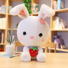 Load image into Gallery viewer, Cute and hairy white rabbit plushie with a strawberry!