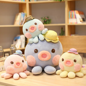 cute octopus with hat plush toy available in pink, blue, lake blue, and yellow