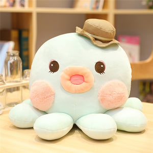 blue octopus soft plush with brown hat