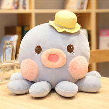 Load image into Gallery viewer, blue octopus plush with yellow hat and pink face