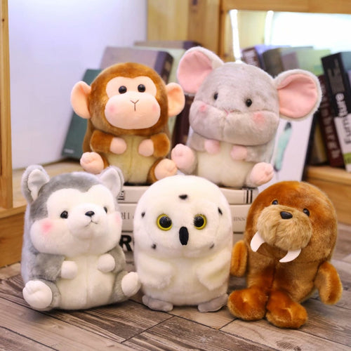 round and fat monkey plushie, round and fat mouse plushie, round fat husky plushie, round fat owl plushie, and round fat sealion plushie