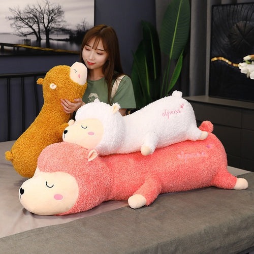 cute lazy lying alpaca plushie in white, pink and brown