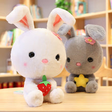 Load image into Gallery viewer, Cute and hairy white rabbit plushie with a strawberry!