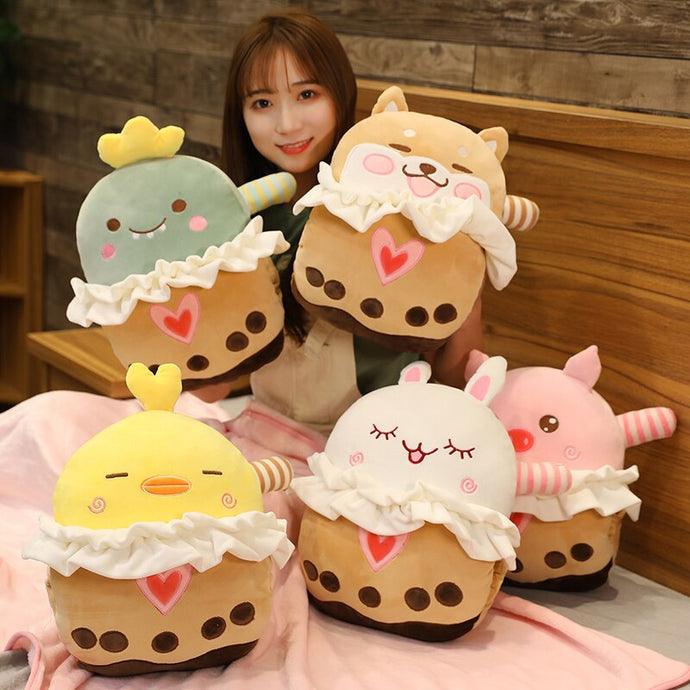 Cute Animal on Bubble Tea Hand Warmer Plushie - comes with or without blanket!