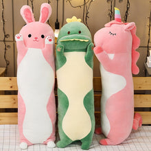 Load image into Gallery viewer, pink rabbit, green dinosaur, pink unicorn long pillow bolster plushies
