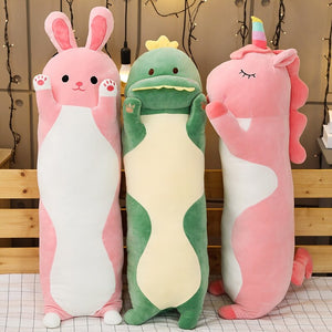 pink rabbit, green dinosaur, pink unicorn long pillow bolster plushies