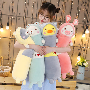long pillow bolster plushies with grey bear, white bear, yellow duck, and pink pig