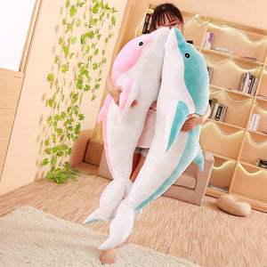 giant pink dolphin plushie and giant blue dolphin plushie