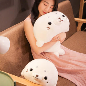 adorable, fluffy & squishy white lying seal plushie stuffed animal