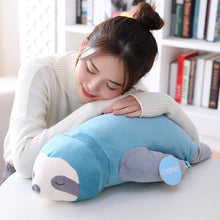Load image into Gallery viewer, girl lying on cute blue sloth plushie