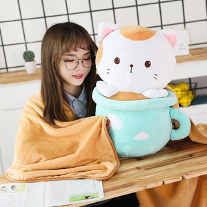 cute blue cats in cups plushie with blanket