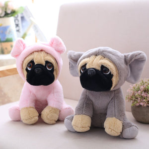 cute pug in pig plushie and cute pug in elephant plushie