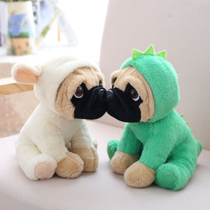 cute pug dog in rabbit plushie and cute pug dog in dinosaur plushie