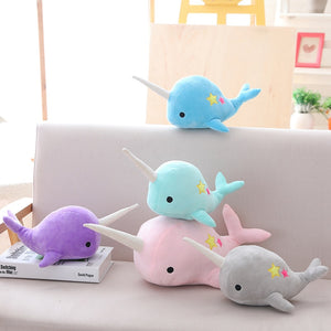 cute narwhal plush toy in blue, purple, pink and grey
