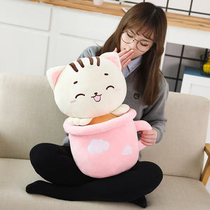 cute pink cats in cups plushie with blanket