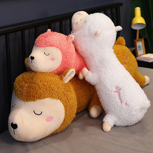 cute white, pink and brown lying alpaca plushie