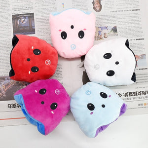cute reversible ghost plush toy available in pink, red, blue, white, and purple colour