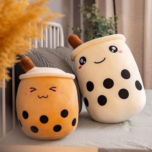 brown bubble milk tea with boba plushie and white bubble milk tea with boba plushie