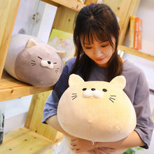 Load image into Gallery viewer, girl hugging khaki cat plushie pillow with grey cat plushie pillow