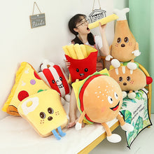 Load image into Gallery viewer, food plushies with chicken drumstick plushie, sausage and hot dog plushie, burger plushie, french fries plushie, popcorn plushie, egg on toast plushie, and pizza plushie