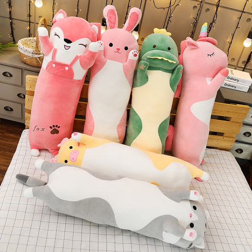 pink fox, pink rabbit, green dinosaur, pink unicorn, yellow pig, grey cat long pillow plushies
