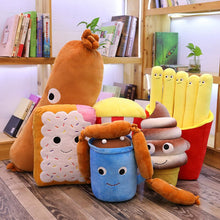 Load image into Gallery viewer, hotdog/sausage plushie, biscuit plushie, hot chocolate drink plushie, chocolate ice-cream plushie, red popcorn plushie, french fries plushie