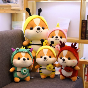 a happy family of yellow bee, red reindeer, green dinosaur and pink unicorn shiba plushies