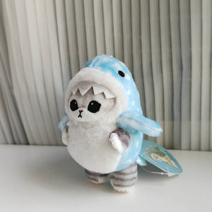 cute white cat plushie in shark outfit, big eyes cat
